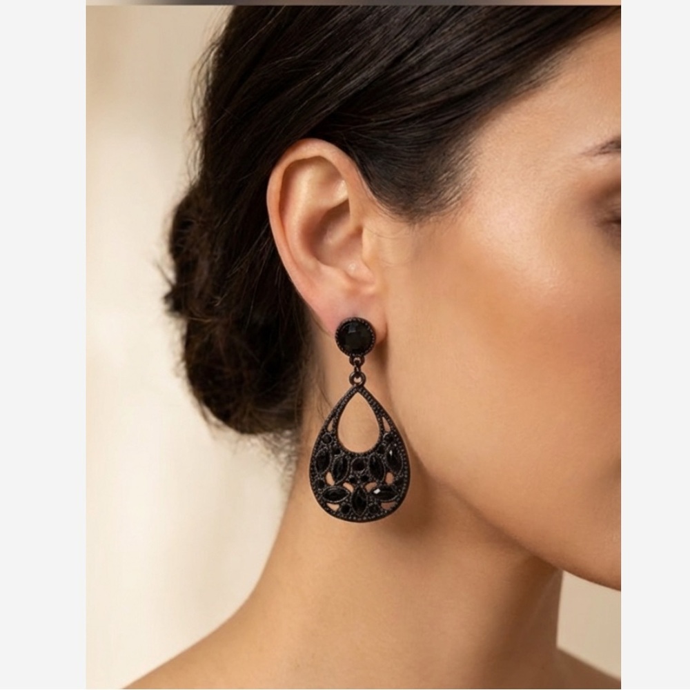 NWT I Am Black Filigree Teardrop Dangle Earrings Rhinestone Statement